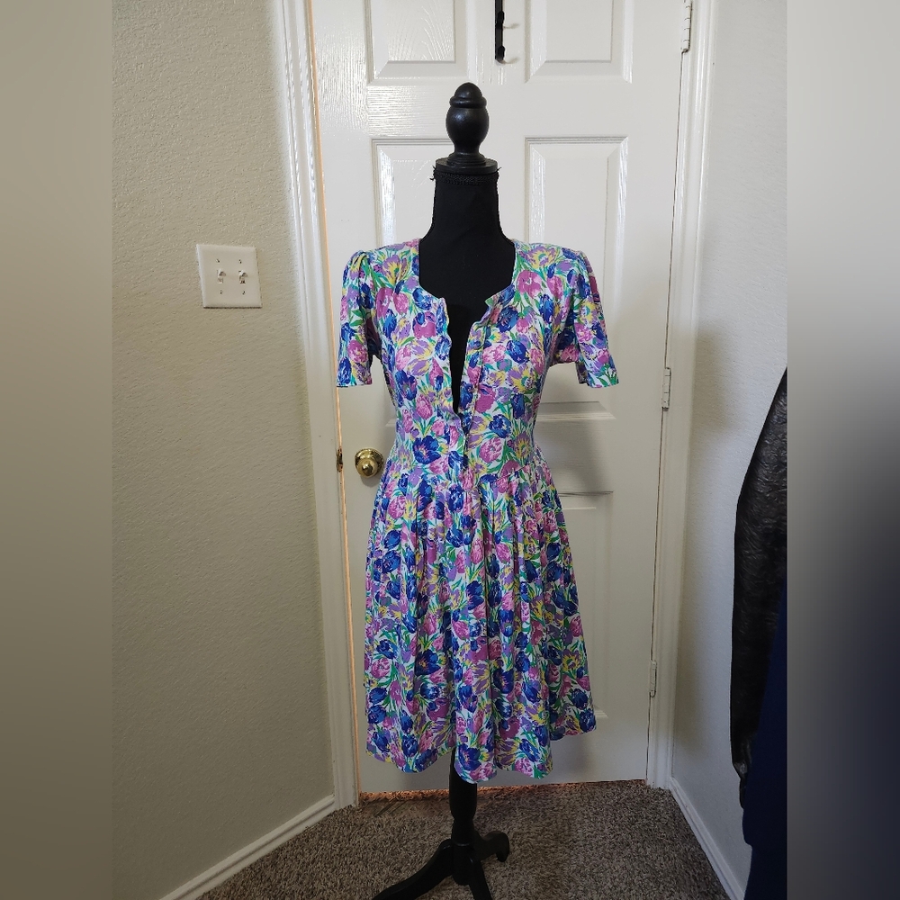 90s Vintage 80s Floral Button-Front Dress Blue Purple Christie Brooks